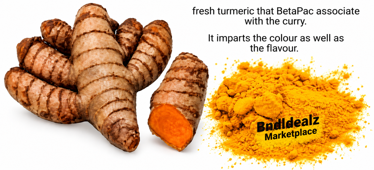 Fresh turmeric and turmeric powder associated with Betapac Curry Powder for colour and flavour