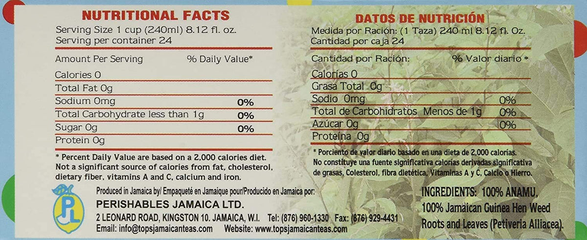 Sipacupa Guinea Hen Anamu Tea Bags 12 Pack nutrition facts showing zero calories, zero fat, zero sugar and 100% Anamu ingredients