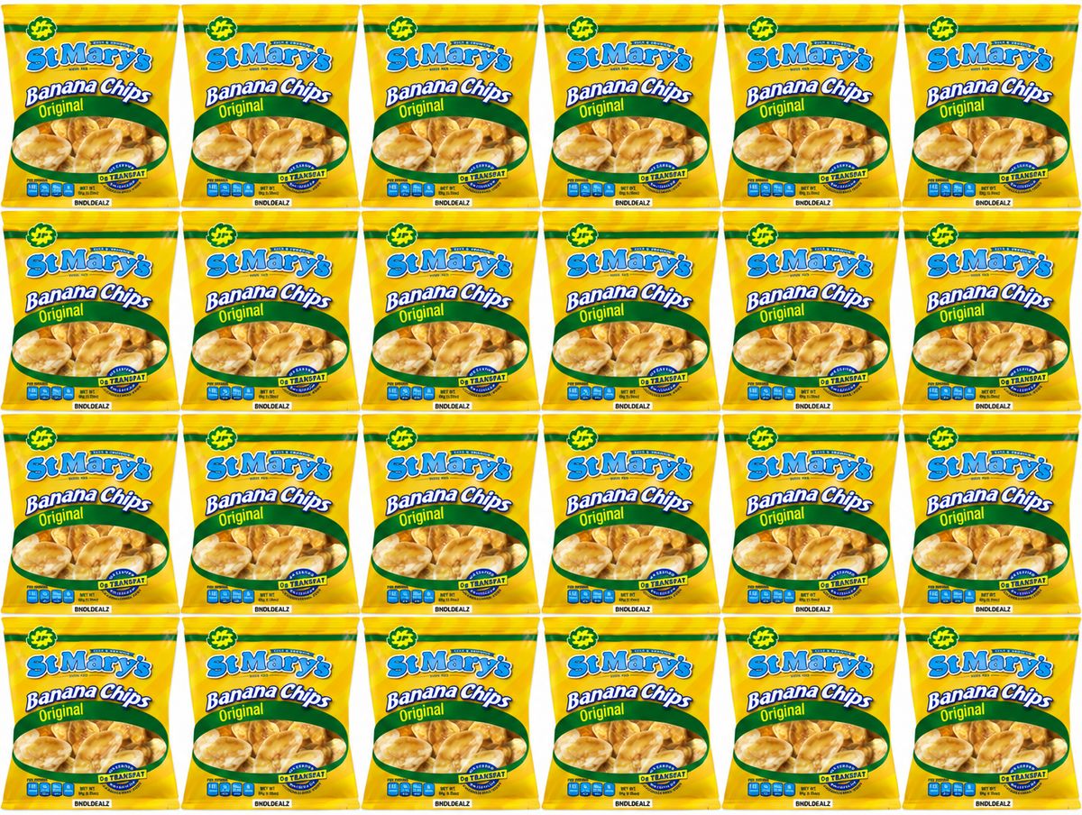 St Mary’s Banana Chips Original 24 pack with 30g individual bags of crunchy Jamaican banana chips.