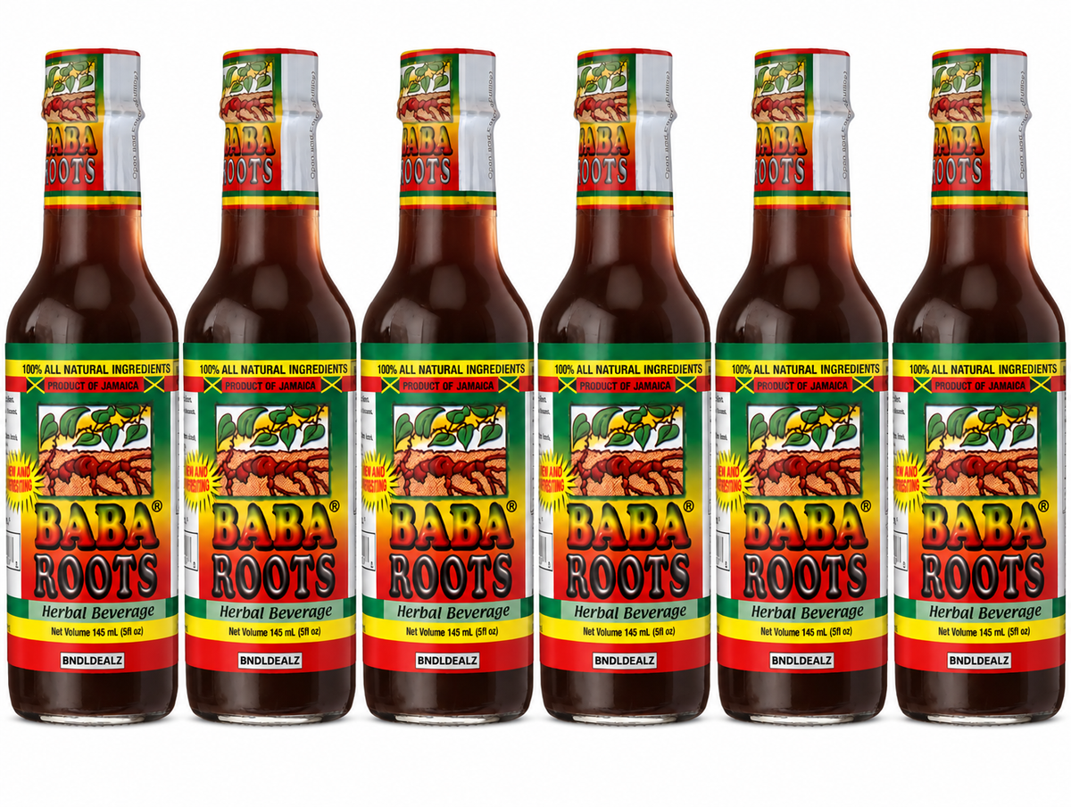 Baba Roots Herbal Beverage 6 pack with six 145mL bottles of Jamaican herbal drink, product of Jamaica.
