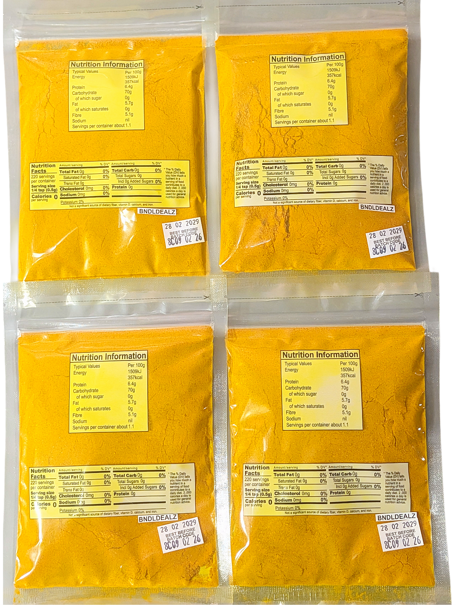 Betapac Curry Powder 4 Pack 110g (3.88 oz) back view showing nutrition facts, ingredients, best before date and BNDLDEALZ packaging.