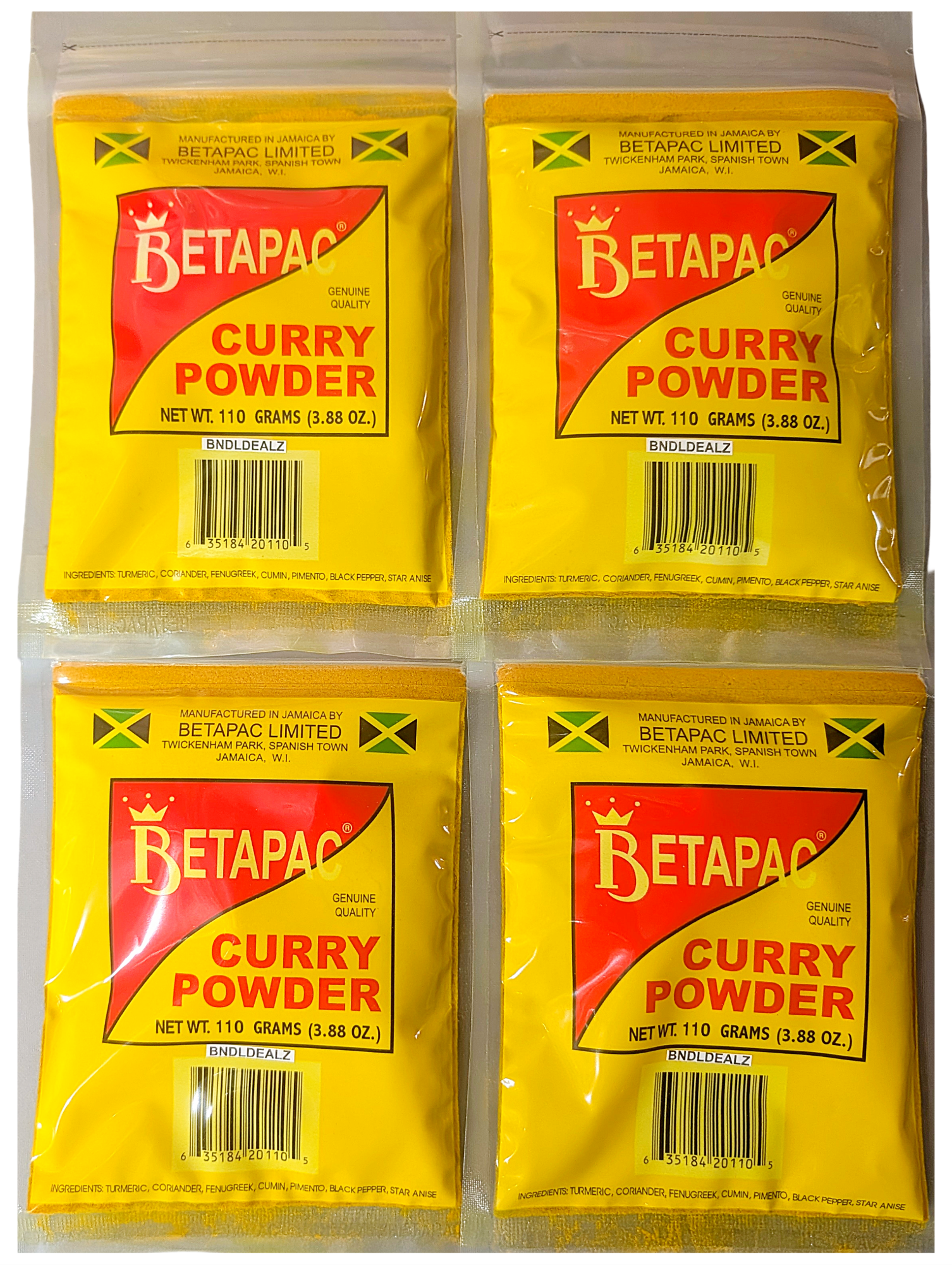 Betapac Curry Powder 4 Pack 110g (3.88 oz) authentic Jamaican curry seasoning front packaging by BNDLDEALZ showing all four sealed pouches.