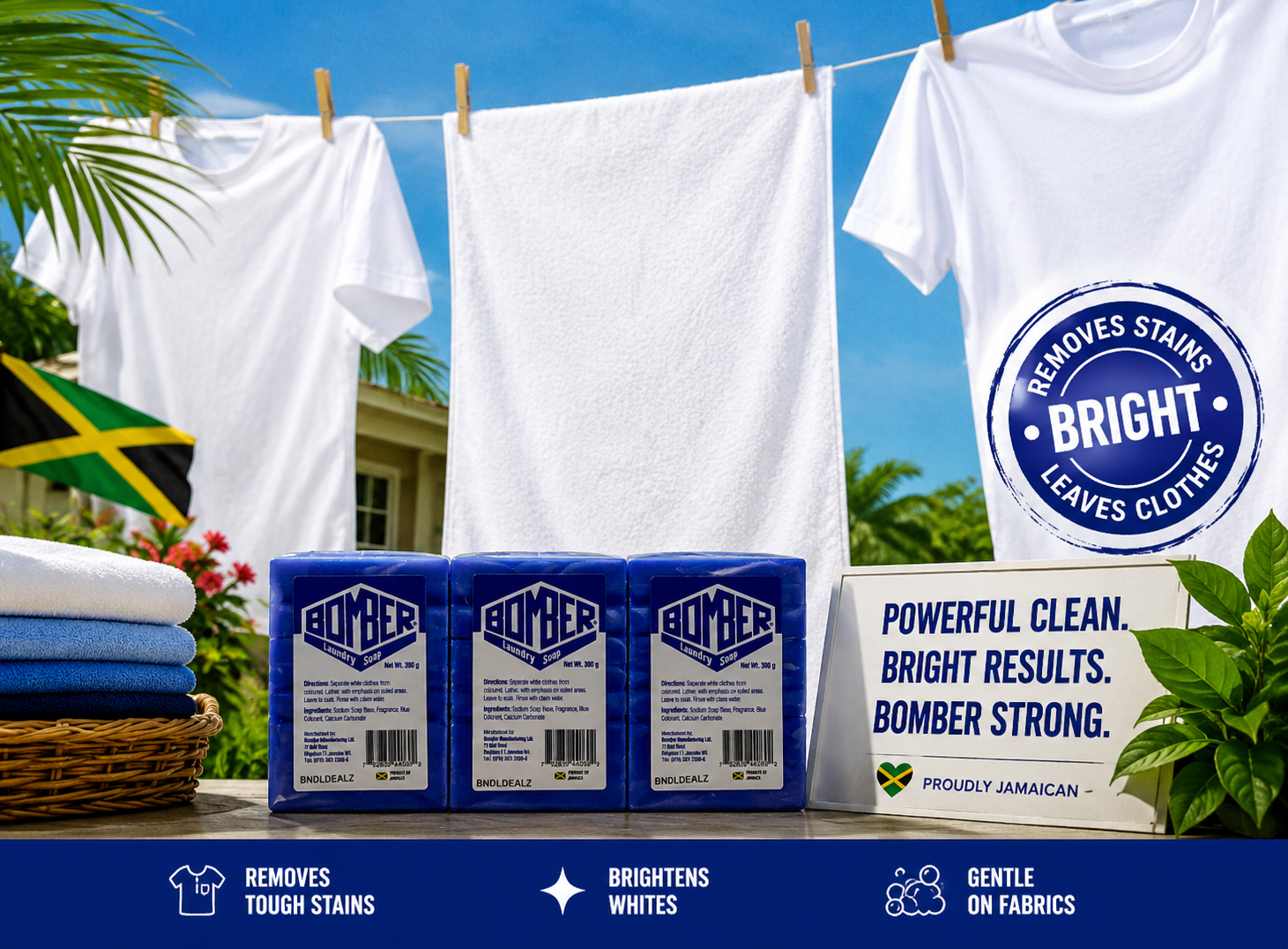 Bomber Jamaican cake soap 3 pack with 9 total bars, authentic Jamaican blue soap for removing tough stains and brightening white clothes.