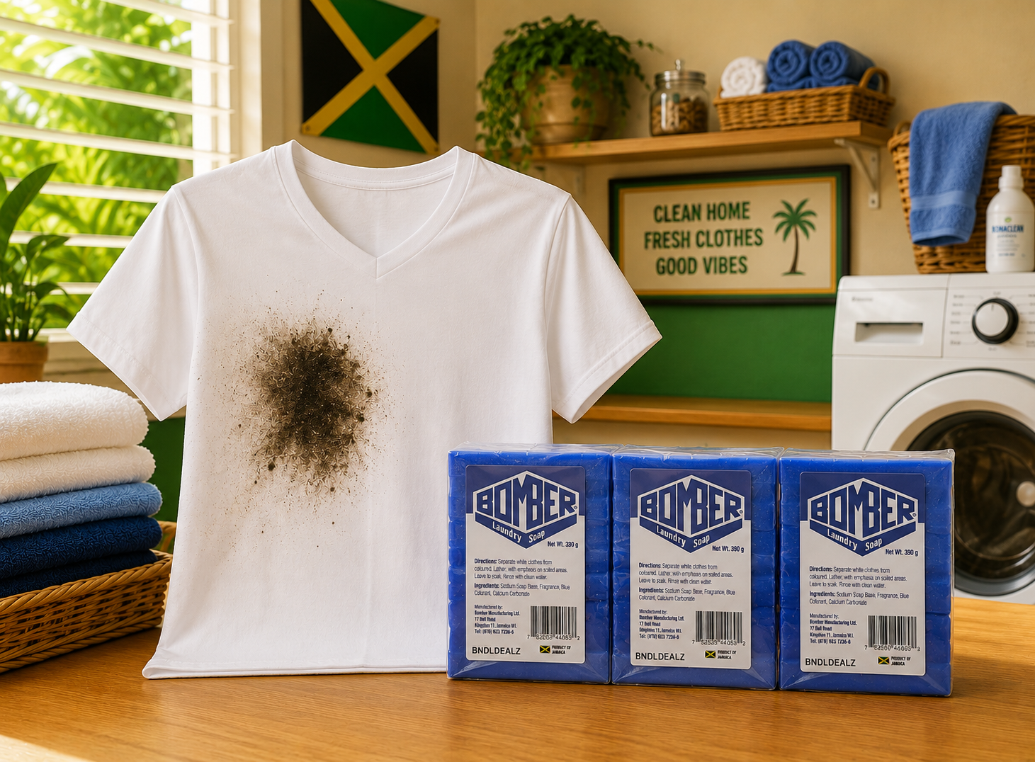 Bomber Jamaican cake soap and Jamaican blue soap 3 pack displayed beside a stained shirt, ideal for powerful laundry cleaning and fabric care.