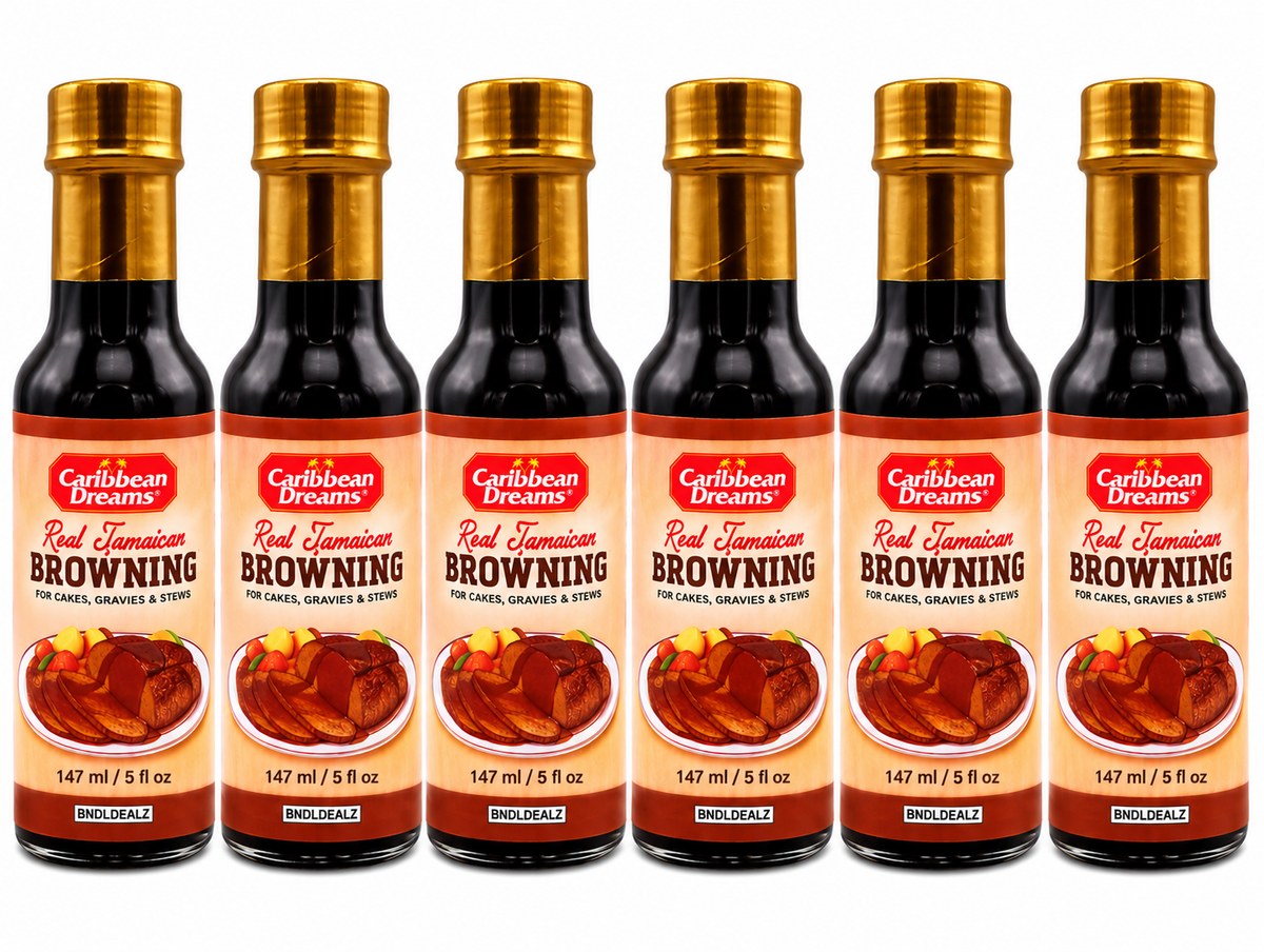 Caribbean Dreams Browning 6 pack with six 147mL bottles of Jamaican browning sauce for cakes, gravies, stews and Caribbean cooking.