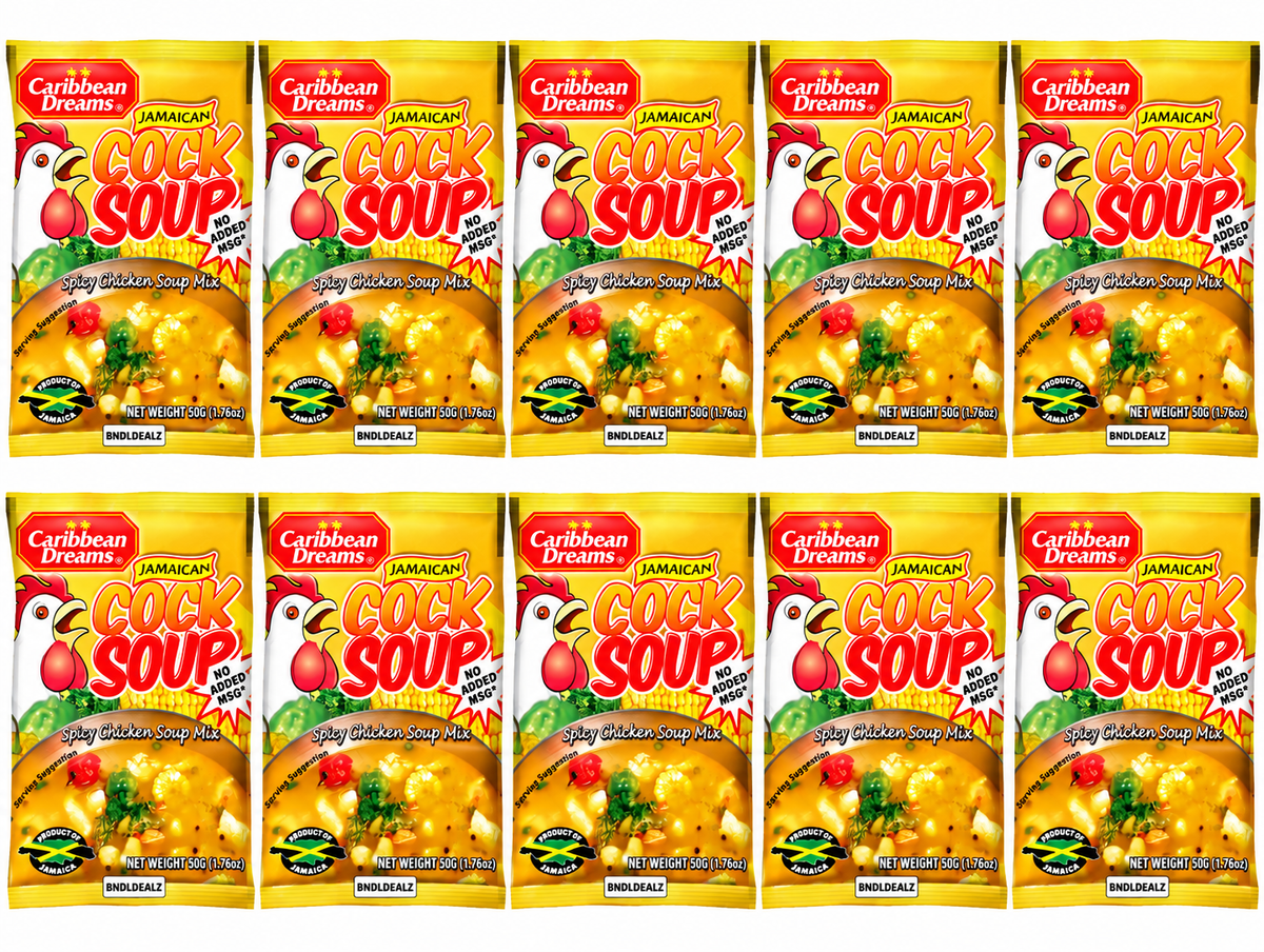 Caribbean Dreams Jamaican Soup Mix 10 pack with 50g packets of spicy chicken soup mix from Jamaica.