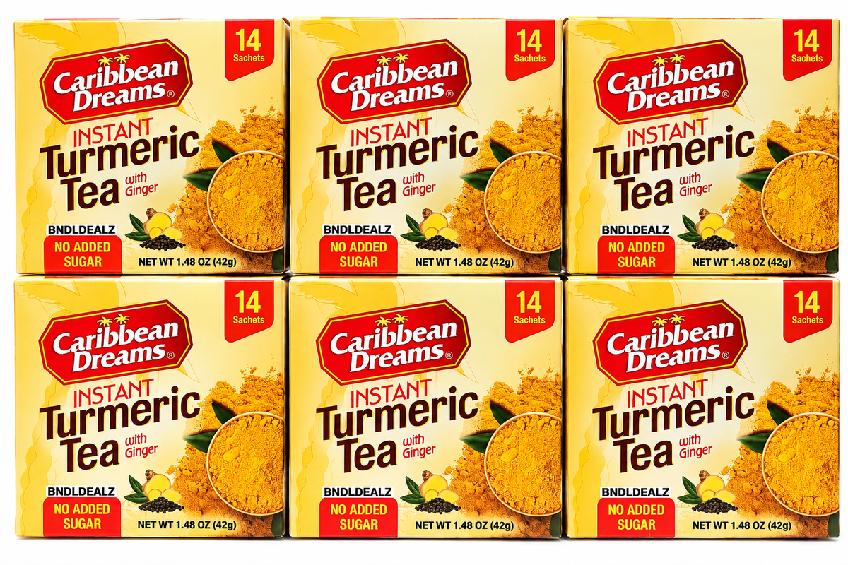 Caribbean Dreams Turmeric Tea with Ginger no sugar added 6 pack with 14 sachets per box, Product of Jamaica