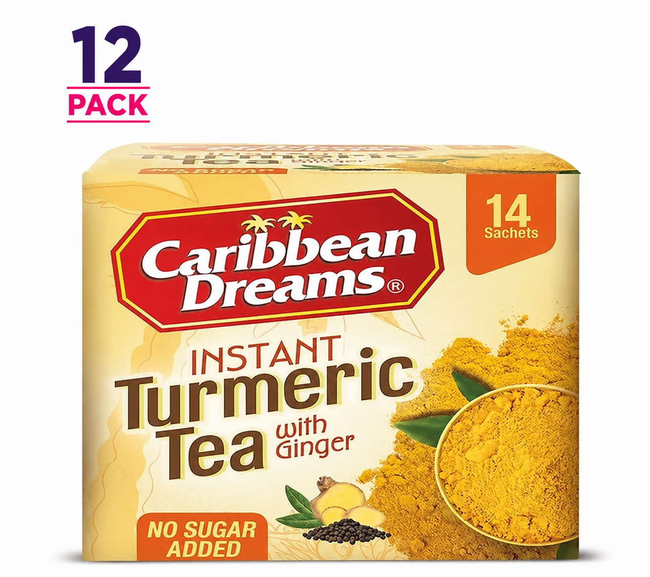 Caribbean Dreams Instant Turmeric Tea with Ginger 12 Pack | No Sugar Added | 14 Sachets Each