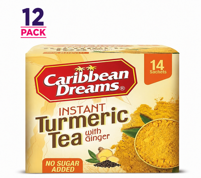 Caribbean Dreams Instant Turmeric Tea with Ginger 12 Pack | No Sugar Added | 14 Sachets Each