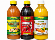 Home Choice Jamaican Flavoring Extract Variety Pack featuring Ginger Extract, Sorrel Extract and Turmeric Ginger Extract. Three 16 fl oz (454mL) bottles, authentic Jamaican flavorings for beverages, teas, baking, smoothies and cooking.