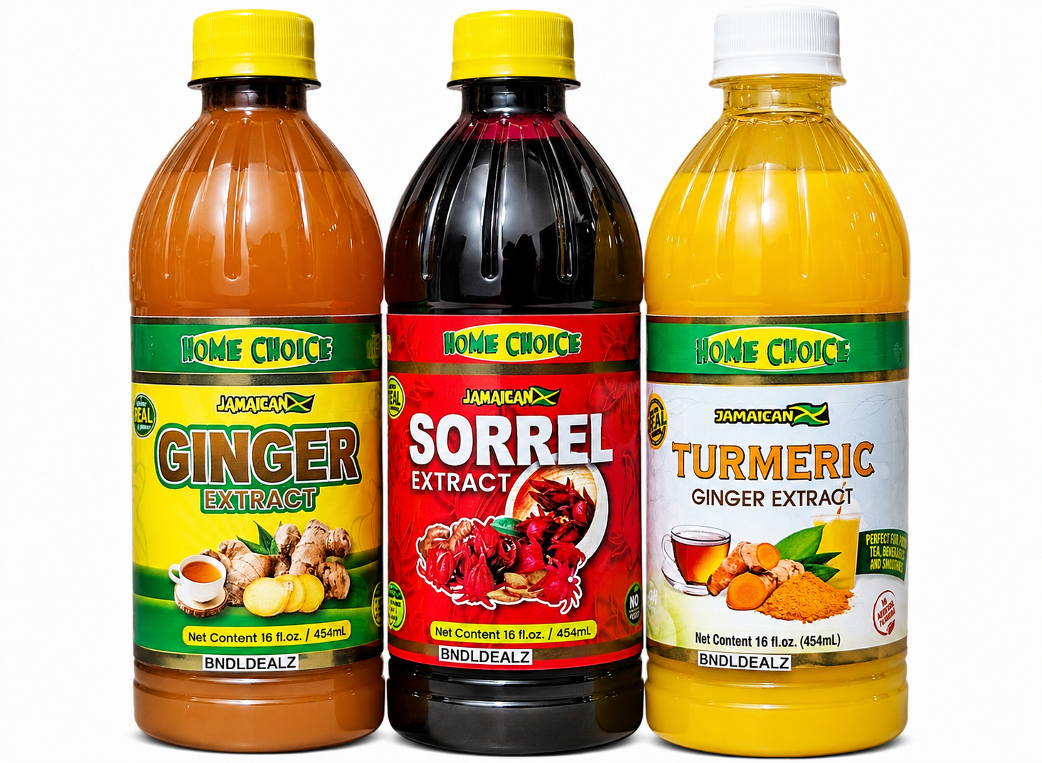 Home Choice Jamaican Flavoring Extract Variety Pack featuring Ginger Extract, Sorrel Extract and Turmeric Ginger Extract. Three 16 fl oz (454mL) bottles, authentic Jamaican flavorings for beverages, teas, baking, smoothies and cooking.