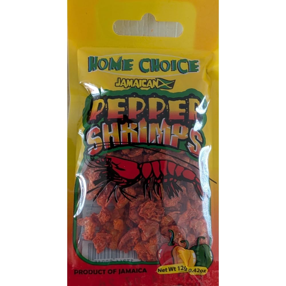 Home Choice Jamaican Pepper Shrimps 12g front package showing authentic Jamaican dried pepper shrimp snack and cooking ingredient made in Jamaica.