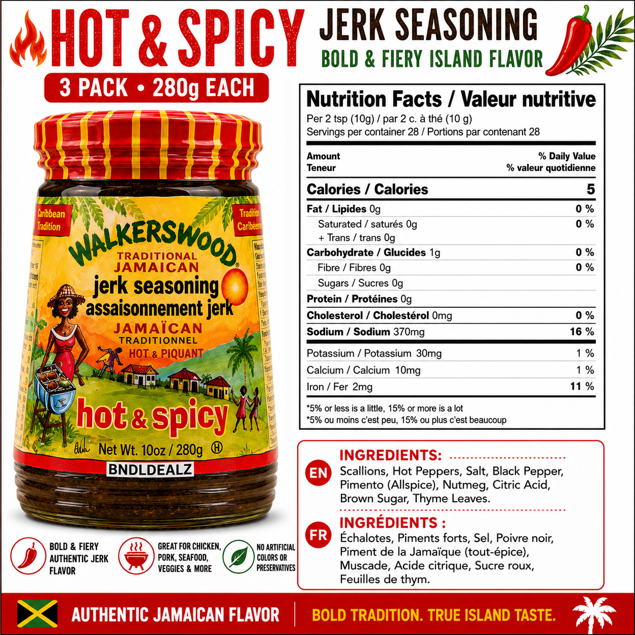 Jamaican Jerk Seasoning Hot & Spicy 3 Pack nutrition facts, bilingual ingredients and authentic Walkerswood jerk seasoning information.