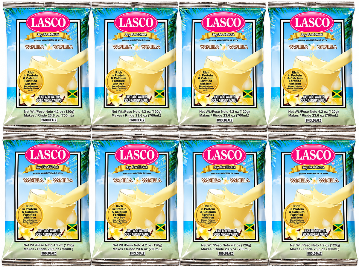LASCO Vanilla Soy Food Drink 8 pack with eight 120g packets of Jamaican powdered vanilla soy drink mix.