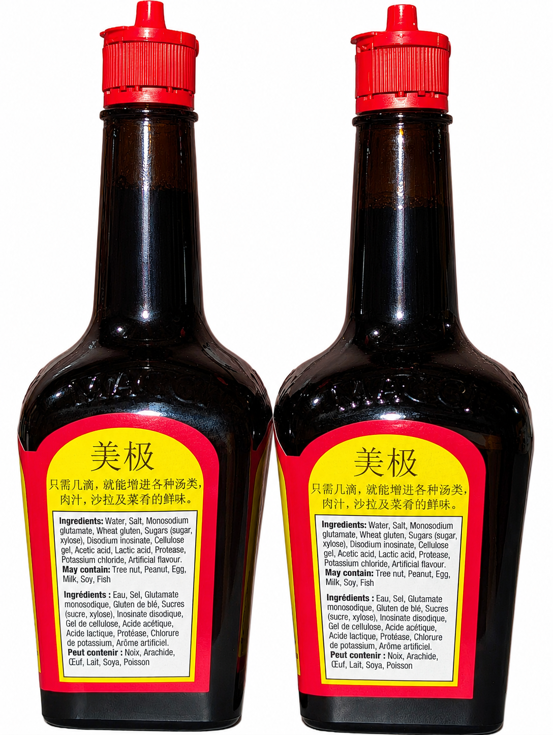 Maggi Liquid Seasoning 200 mL 2-pack showing ingredients and product information