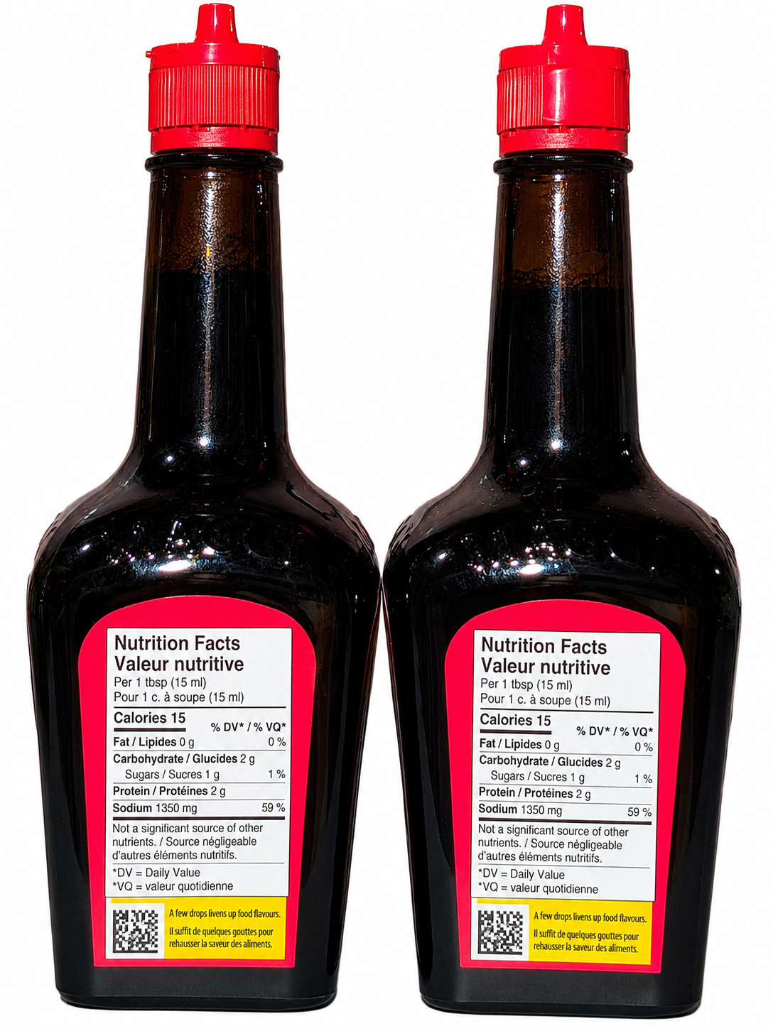 Maggi Liquid Seasoning 200 mL 2-pack showing Nutrition Facts labels