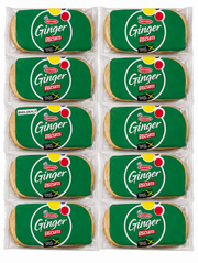 National Jamaican Ginger Biscuits 10 Pack featuring ten individual 2 oz packs of authentic Caribbean ginger cookies with crisp texture and rich ginger flavor.