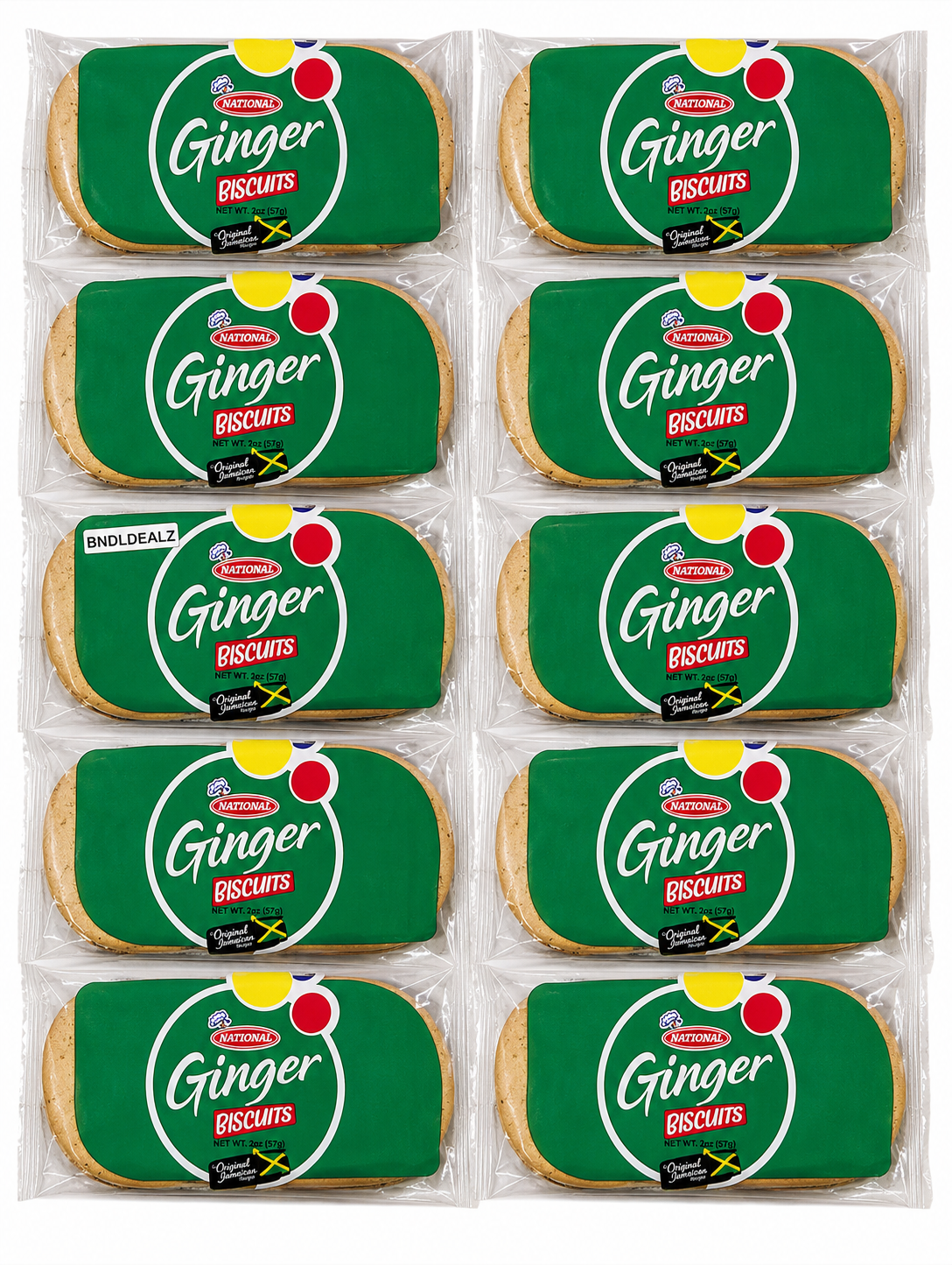 National Jamaican Ginger Biscuits 10 Pack featuring ten individual 2 oz packs of authentic Caribbean ginger cookies with crisp texture and rich ginger flavor.