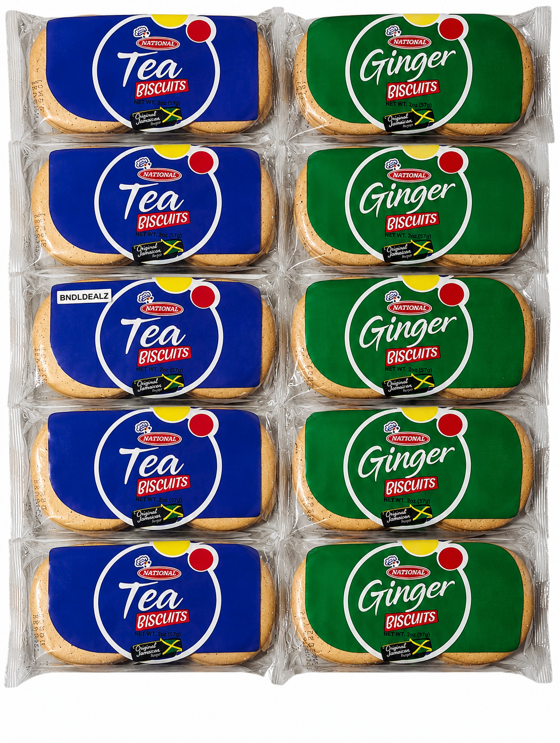 National Jamaican Tea & Ginger Biscuits Variety Pack featuring 5 Tea Biscuits and 5 Ginger Biscuits, authentic Caribbean cookies in a 10-pack bundle perfect for snacking and tea time.