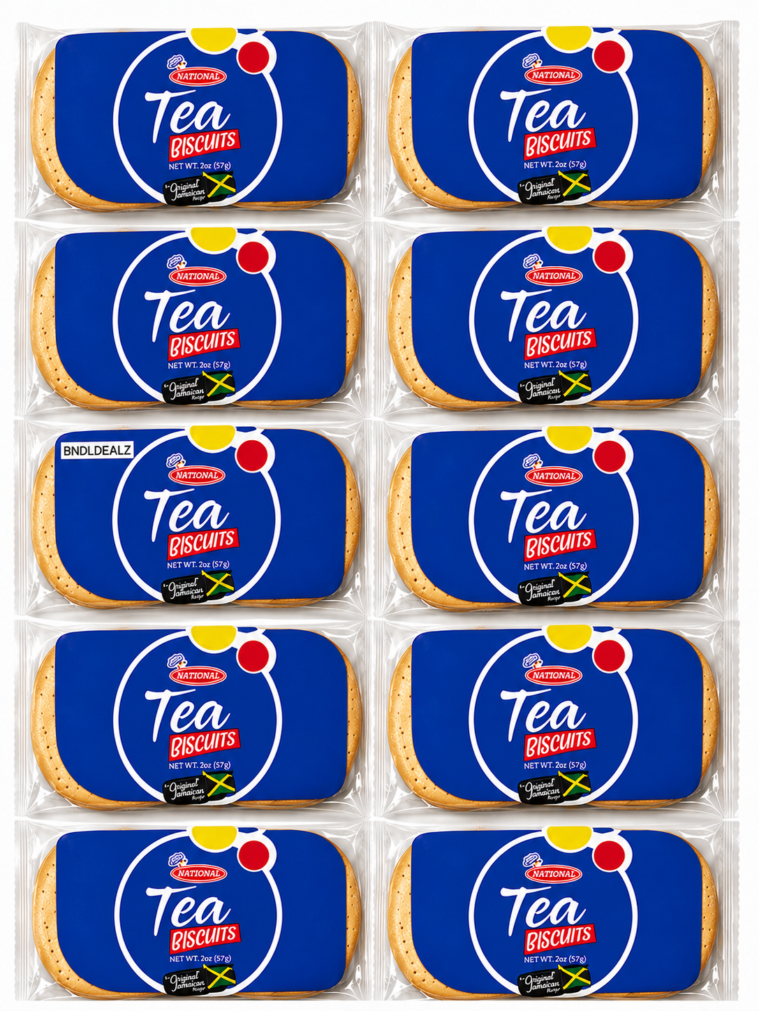 National Jamaican Tea Biscuits 10 Pack featuring ten individual 2 oz packs of authentic Caribbean tea biscuits with a light, crisp texture and buttery flavor.