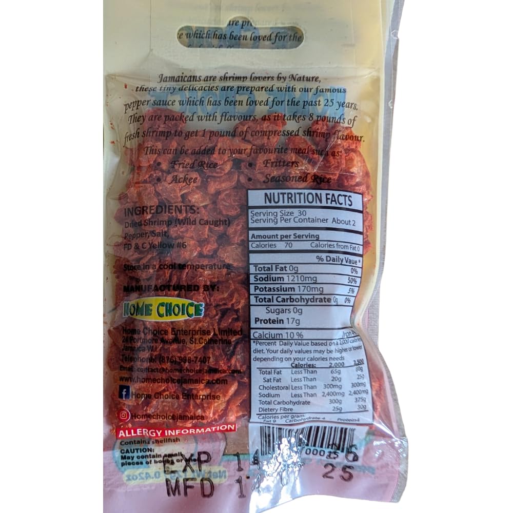 Home Choice Jamaican Pepper Shrimps nutrition facts, ingredients, allergy information, and cooking details for authentic Jamaican dried pepper shrimp.