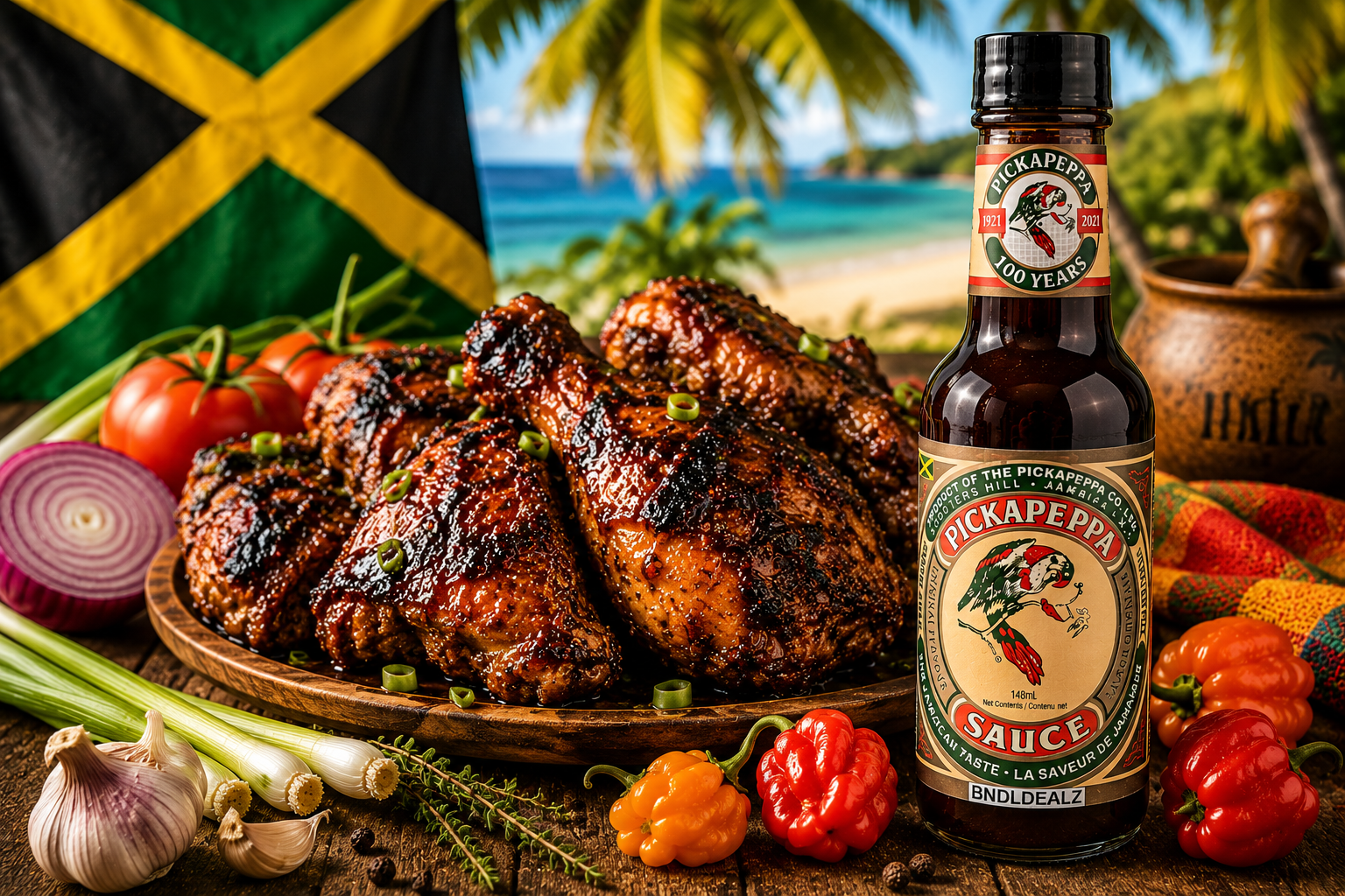 Pic-A-Peppa Sauce Original served with grilled Jamaican chicken, authentic Caribbean cooking sauce for marinades, BBQ and everyday meals.