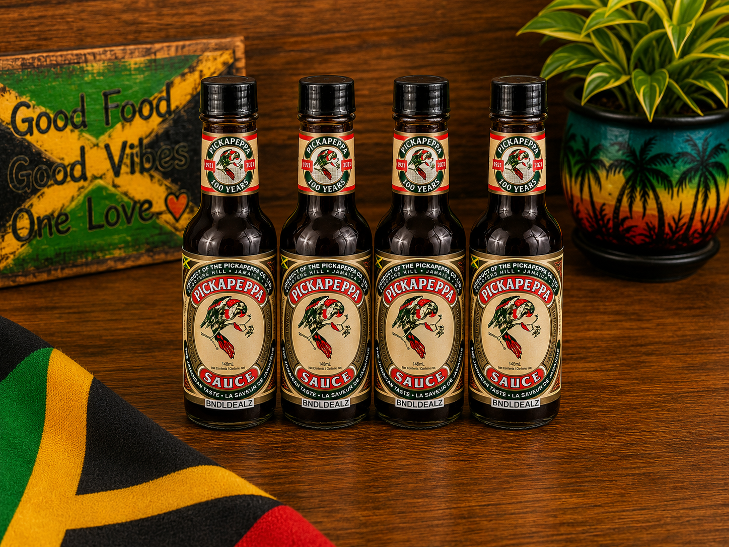 Picapepper Sauce Original 4 Pack authentic Jamaican gourmet cooking sauce displayed in a Caribbean-inspired kitchen by BNDLDEALZ.