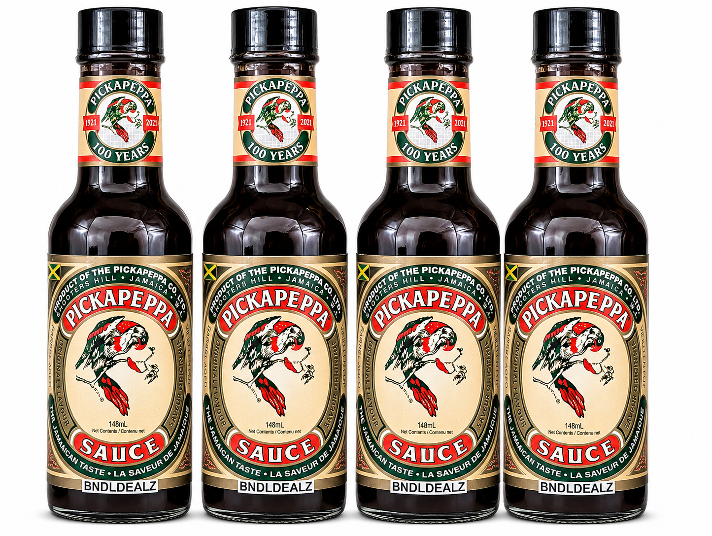 Pick a Pepper Sauce Original 4 Pack 5 fl oz bottles on white background, authentic Jamaican gourmet sauce professionally bundled by BNDLDEALZ.