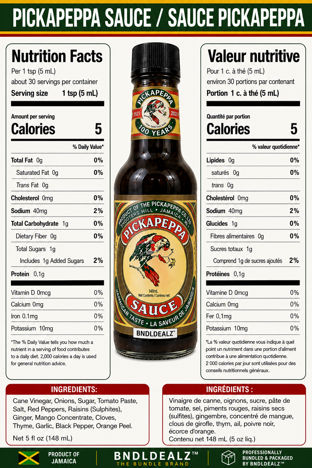 Pick a Pepper Sauce Original nutrition facts, ingredients and bilingual English French label for authentic Jamaican gourmet cooking sauce.