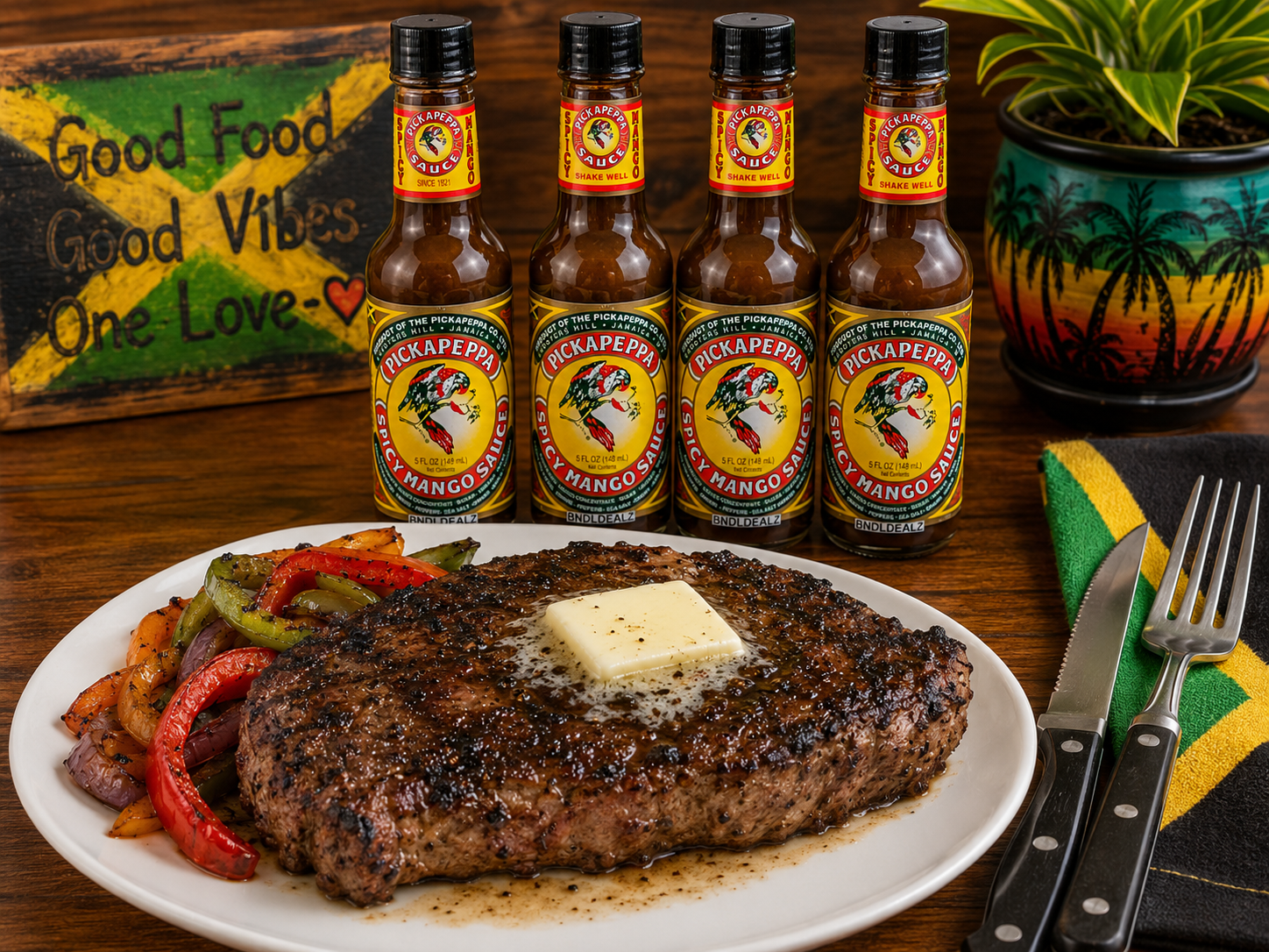 Grilled steak topped with Pickapeppa Spicy Mango Sauce, authentic Jamaican gourmet sauce for beef, grilling, and BBQ.