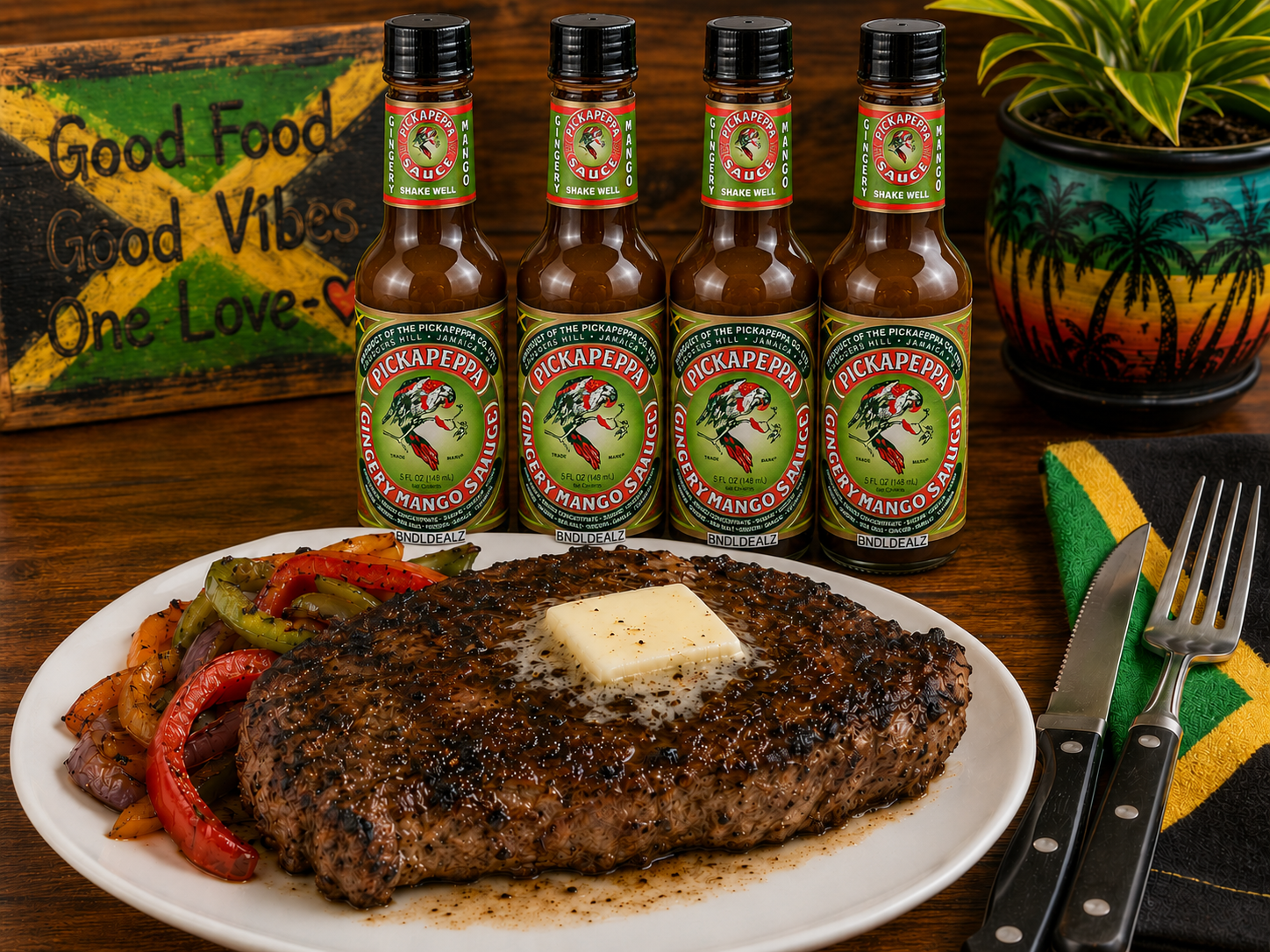 Pickapeppa Gingery Mango Sauce 4 Pack paired with grilled steak and roasted vegetables. Authentic Jamaican gourmet sauce for steak, pork, chicken, seafood, BBQ and marinades.