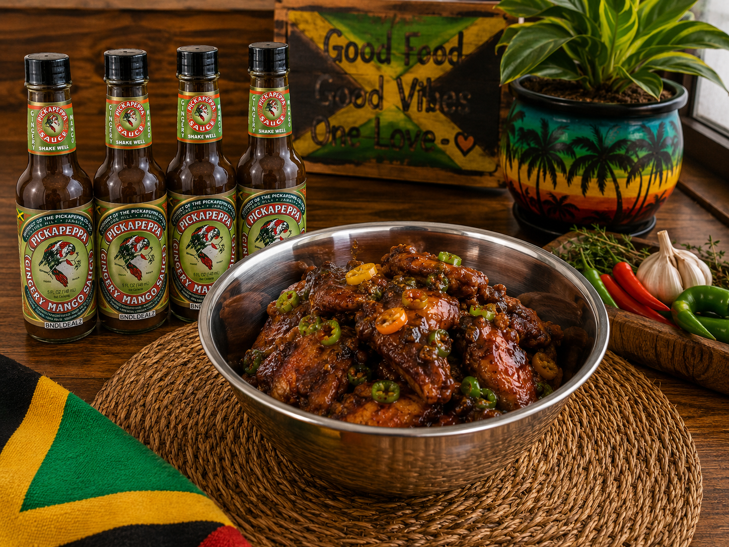 Pickapeppa Gingery Mango Sauce 4 Pack by BNDLDEALZ served with sticky Jamaican chicken wings. Authentic Jamaican mango ginger sauce for BBQ, chicken, marinades, dipping and Caribbean cooking.