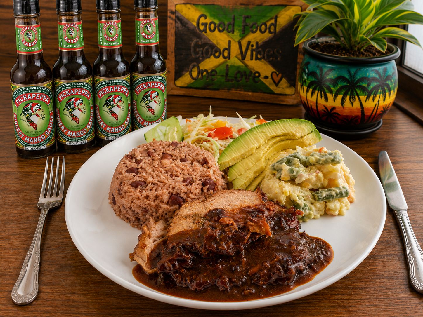 Pickapeppa Gingery Mango Sauce 4 Pack served with jerk chicken, Jamaican rice and peas, avocado and fresh vegetables. Authentic Caribbean gourmet sauce for everyday meals and grilling.