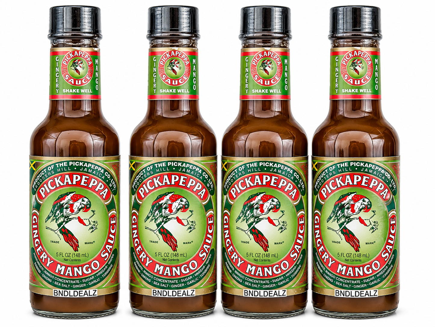 Pickapeppa Gingery Mango Sauce 4 Pack featuring authentic Jamaican ginger and mango gourmet sauce on a white background for product display and online shopping.