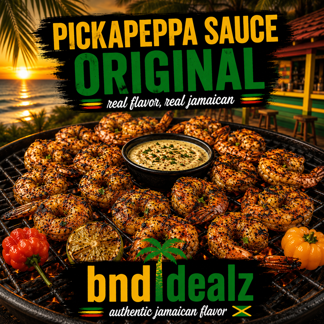 Pickapeppa Original Sauce, authentic Jamaican gourmet condiment served with grilled shrimp. Perfect for marinades, BBQ, seafood, chicken and Caribbean cooking.