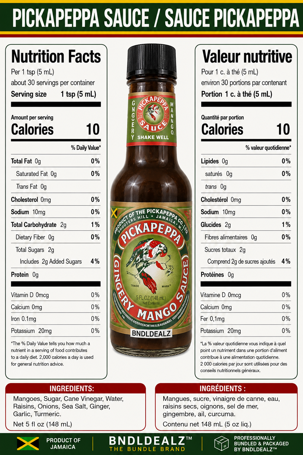 Pickapeppa Sauce Original Gingery Mango nutrition facts, ingredients and bilingual English French label for authentic Jamaican gourmet cooking sauce with sweet mango and ginger flavor, 5 fl oz bottle professionally bundled by BNDLDEALZ.