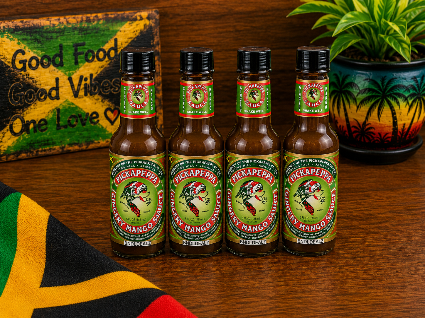 Pickapeppa Gingery Mango Sauce 4 Pack displayed in a Jamaican-inspired kitchen setting. Authentic Caribbean gourmet condiment for grilling, BBQ, marinades, seafood and dipping sauces.