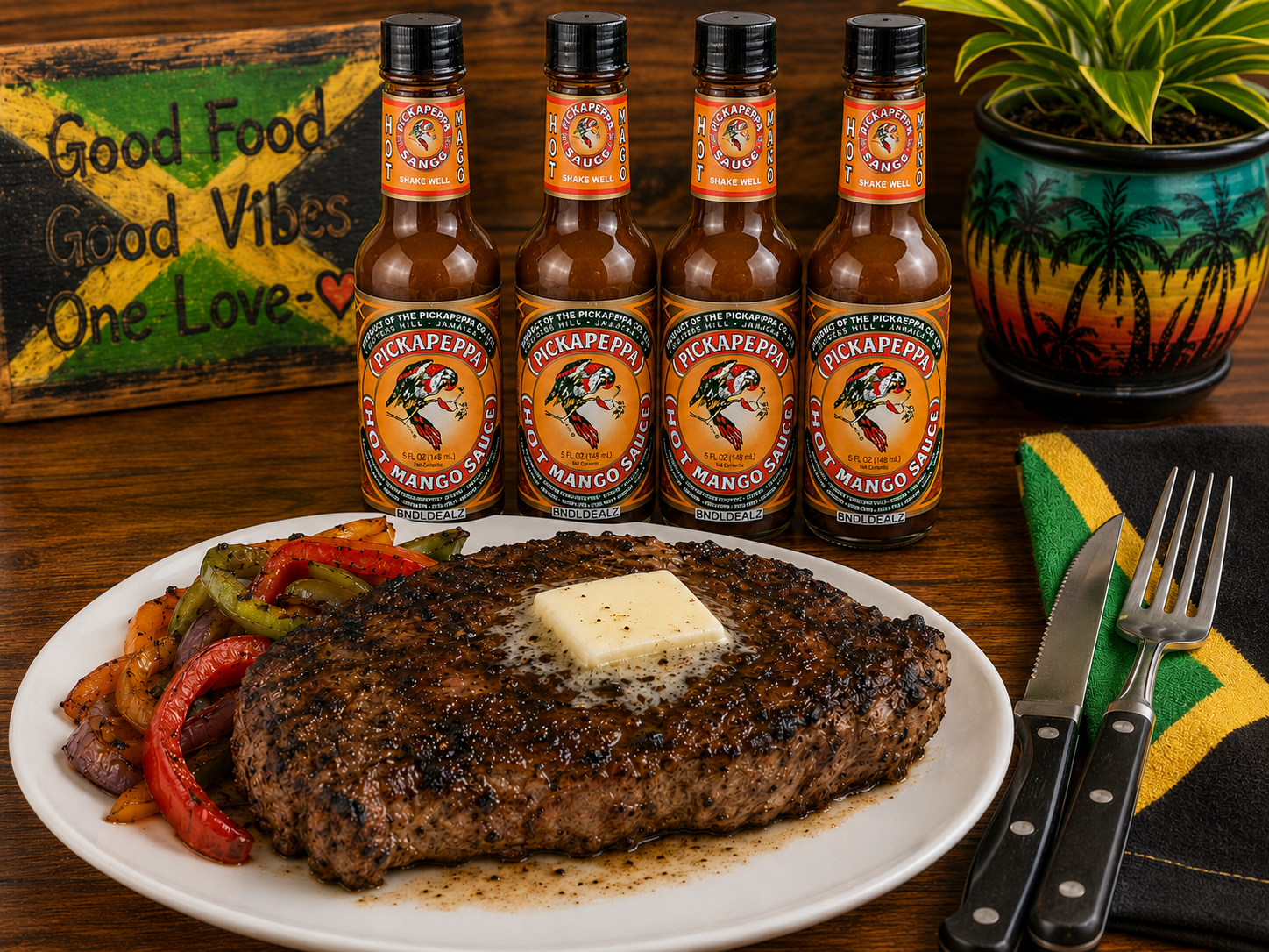 Pickapeppa Sauce Hot Mango 4-pack paired with grilled steak, roasted vegetables, and authentic Jamaican gourmet flavors.