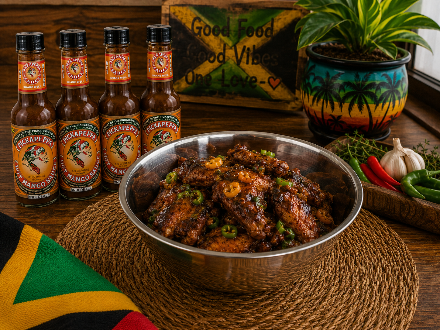 Pickapeppa Sauce Hot Mango 4-pack served with Jamaican-style glazed chicken wings featuring sweet mango flavor and authentic Caribbean taste.