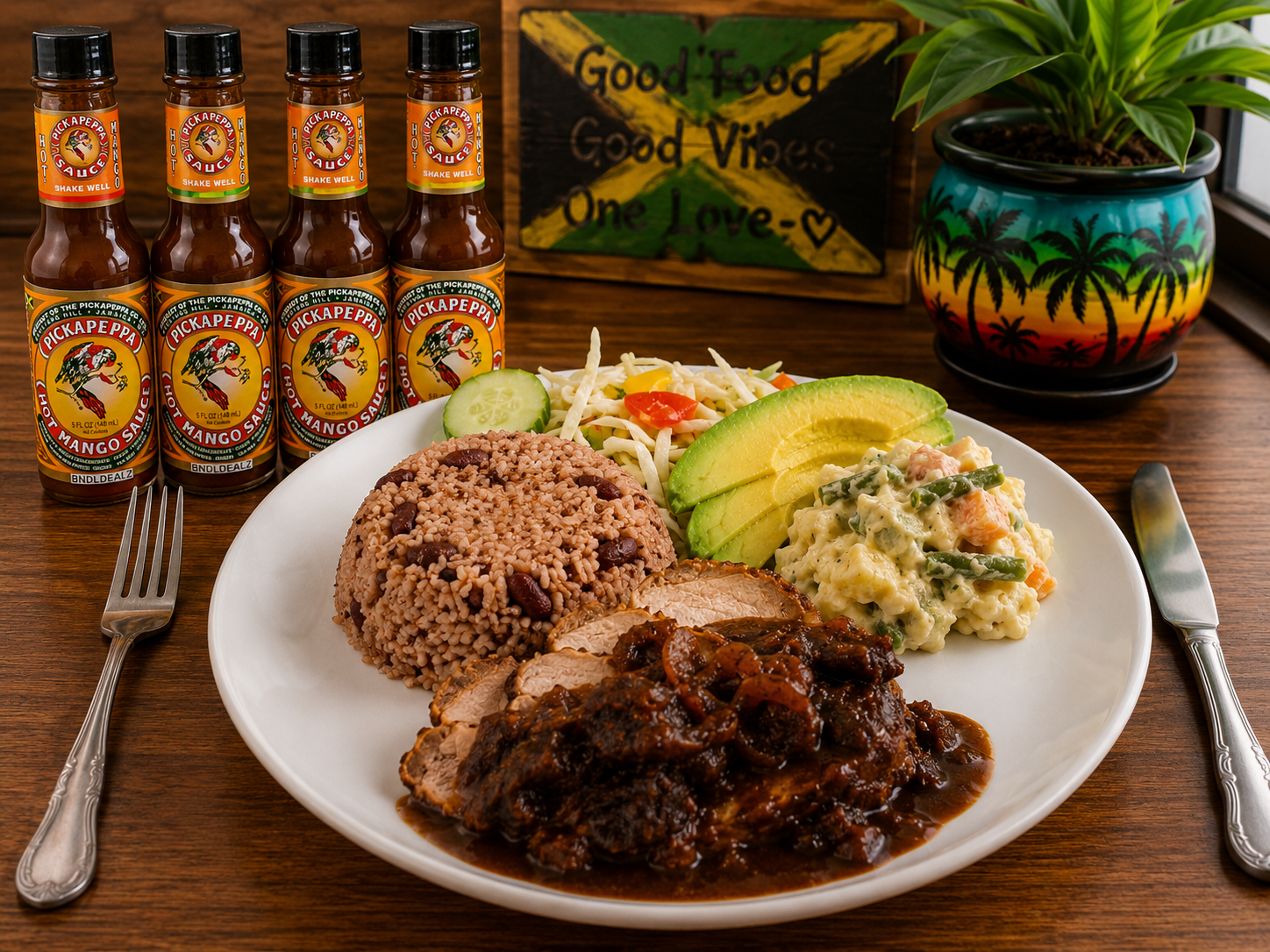 Pickapeppa Sauce Hot Mango 4-pack served with Jamaican jerk pork, rice and peas, avocado, coleslaw, and potato salad.