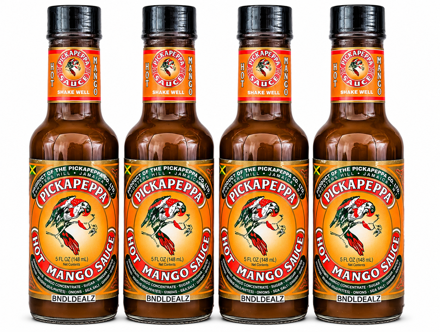 Pickapeppa Sauce Hot Mango 4-pack authentic Jamaican gourmet cooking sauce, four 5 fl oz (148 mL) bottles professionally bundled by BNDLDEALZ on a white background.