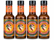 Pickapeppa Sauce Hot Mango 4-pack authentic Jamaican gourmet cooking sauce, four 5 fl oz (148 mL) bottles professionally bundled by BNDLDEALZ on a white background.
