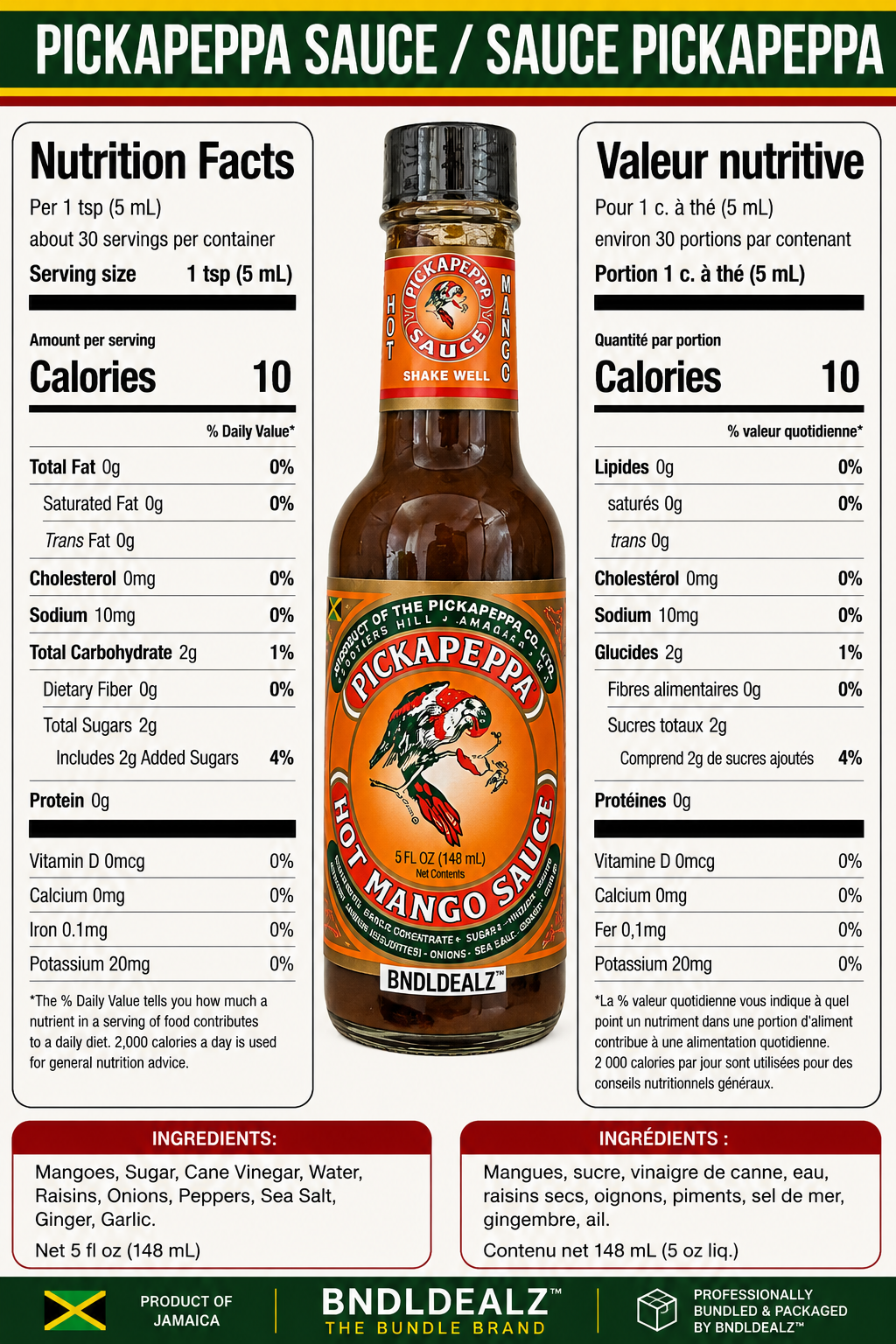 Pickapeppa Sauce Hot Mango nutrition facts, bilingual ingredients, and product information for authentic Jamaican gourmet sauce.