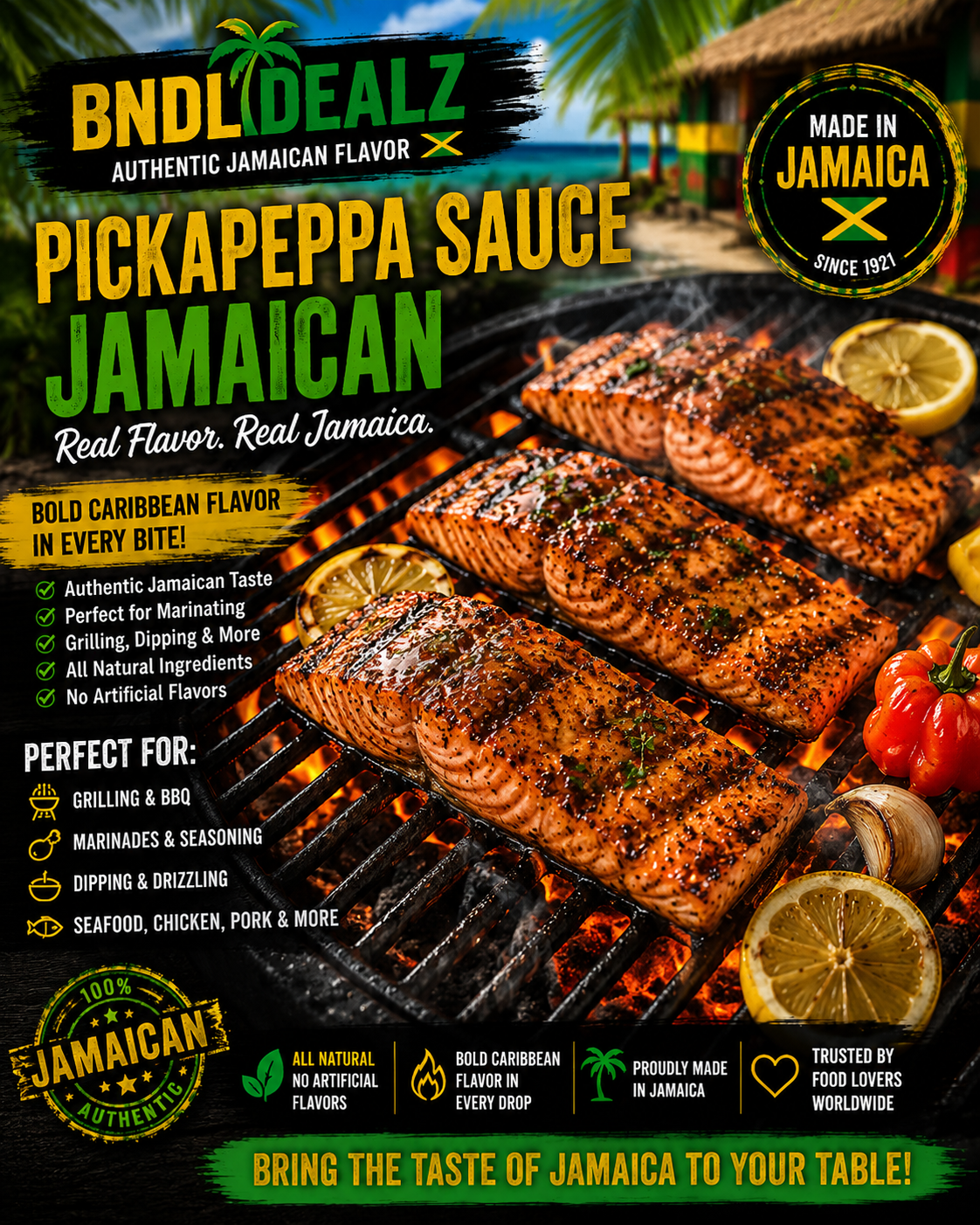Pickapeppa Sauce authentic Jamaican gourmet condiment glazed on grilled salmon. Perfect for BBQ, seafood, marinades, grilling, dipping and Caribbean recipes.