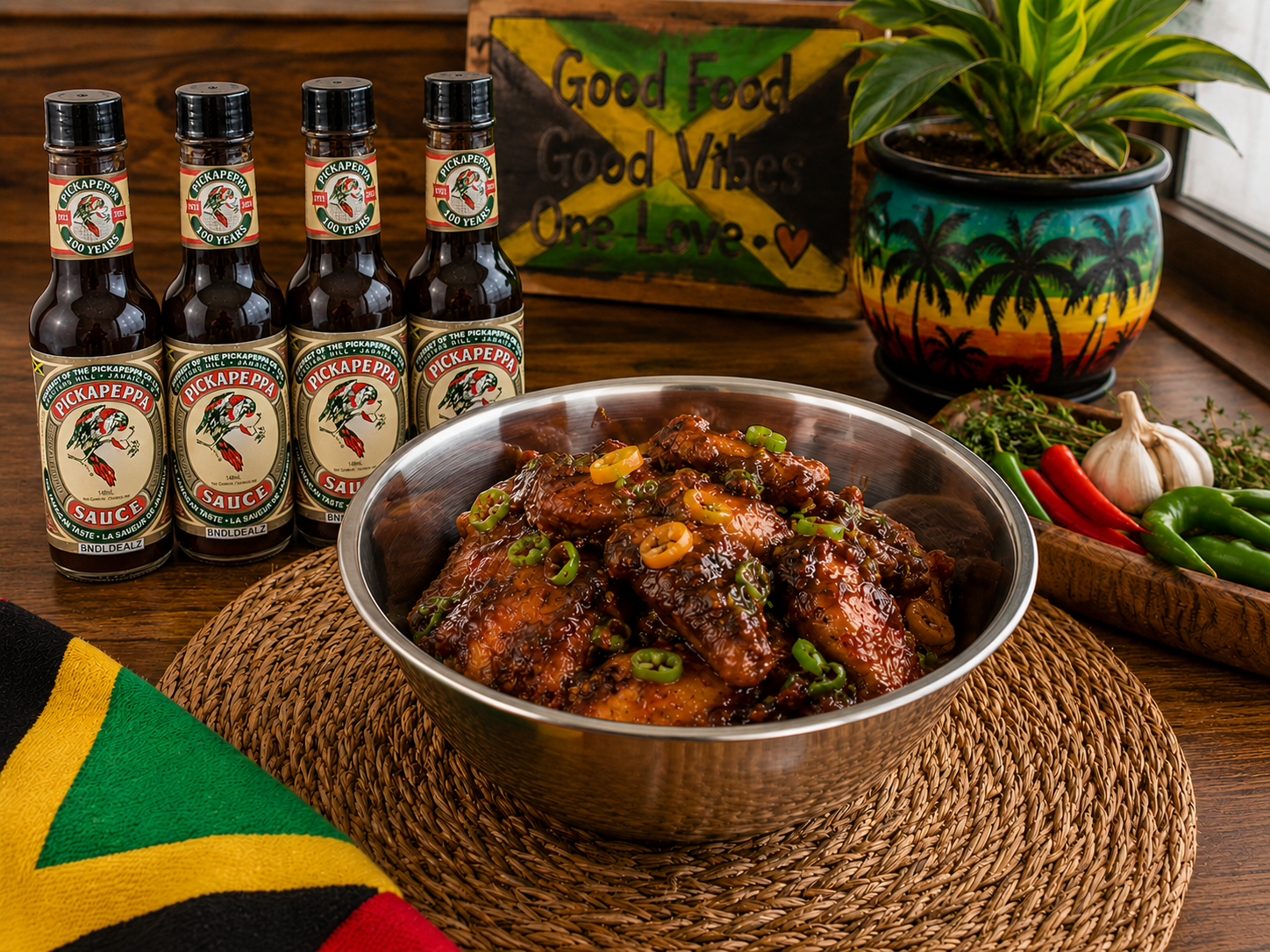 Pickapeppa Sauce Original 4 Pack served with glazed chicken wings, authentic Jamaican gourmet cooking sauce for grilling, dipping, marinades and BBQ recipes.