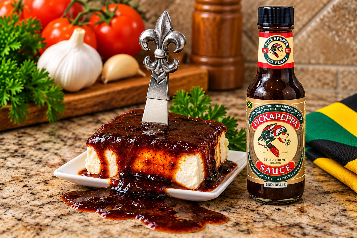 Pickapeppa Sauce Original Jamaican sauce served over cream cheese