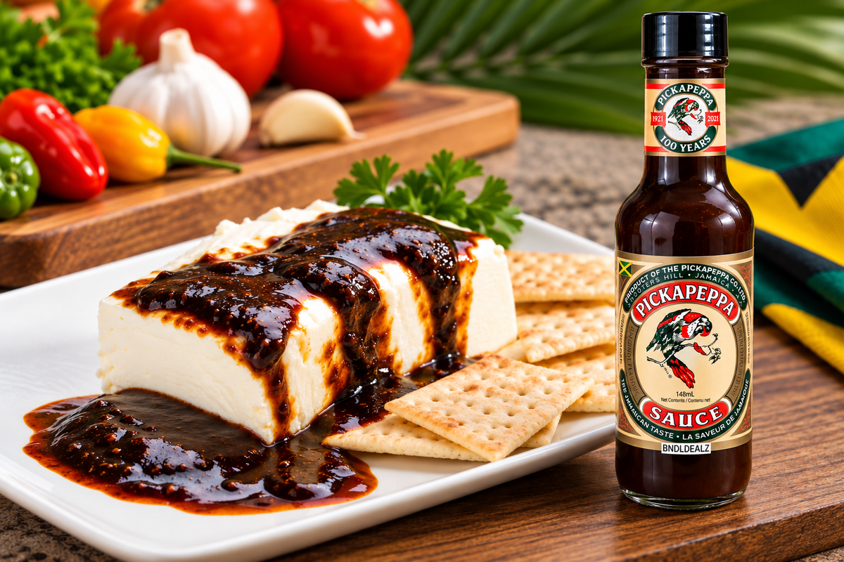 Pickapeppa Sauce Original Jamaican sauce served over cream cheese.
