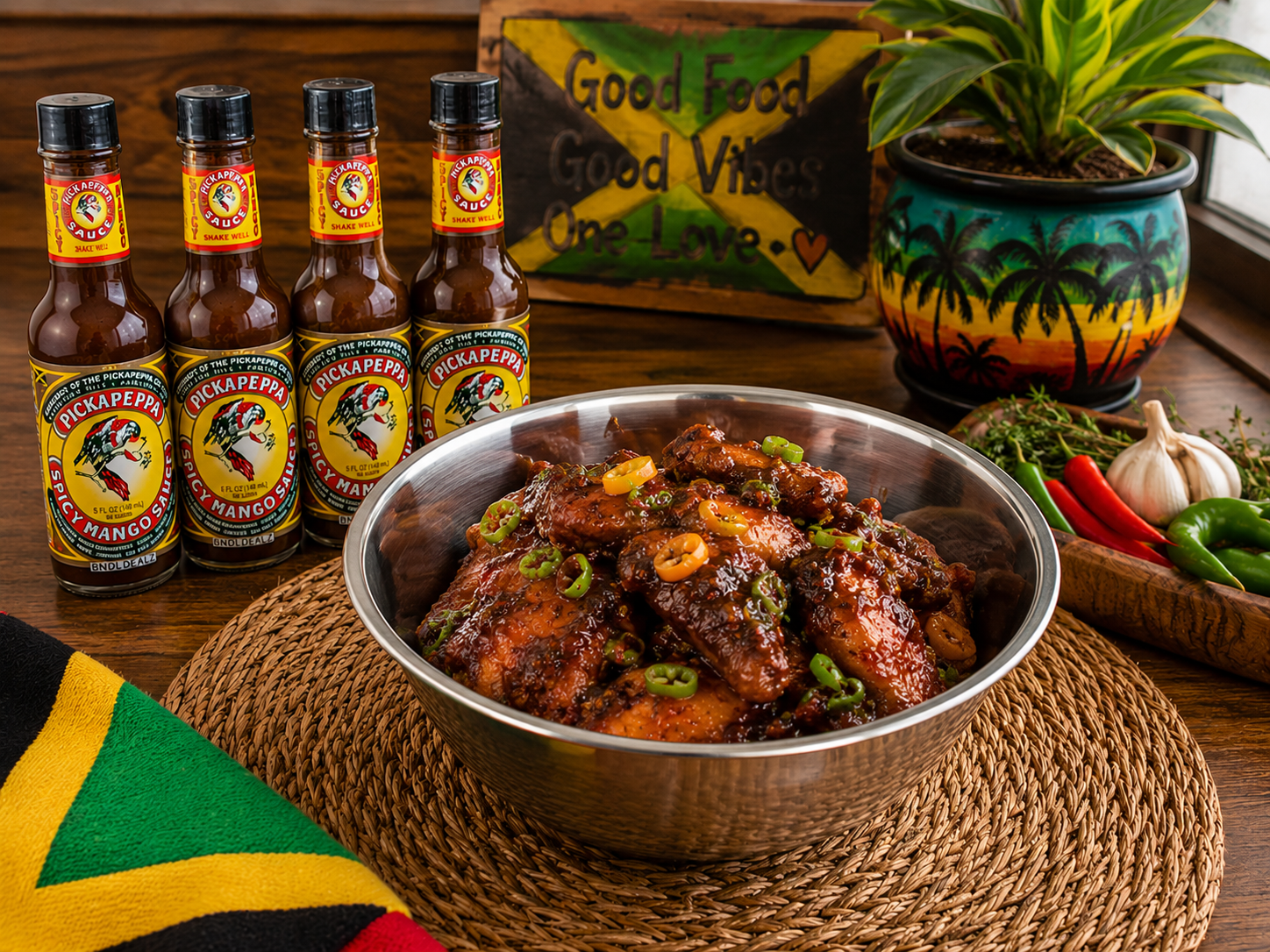 Pickapeppa Spicy Mango Sauce 4 Pack displayed in a Jamaican-inspired kitchen setting with tropical décor.