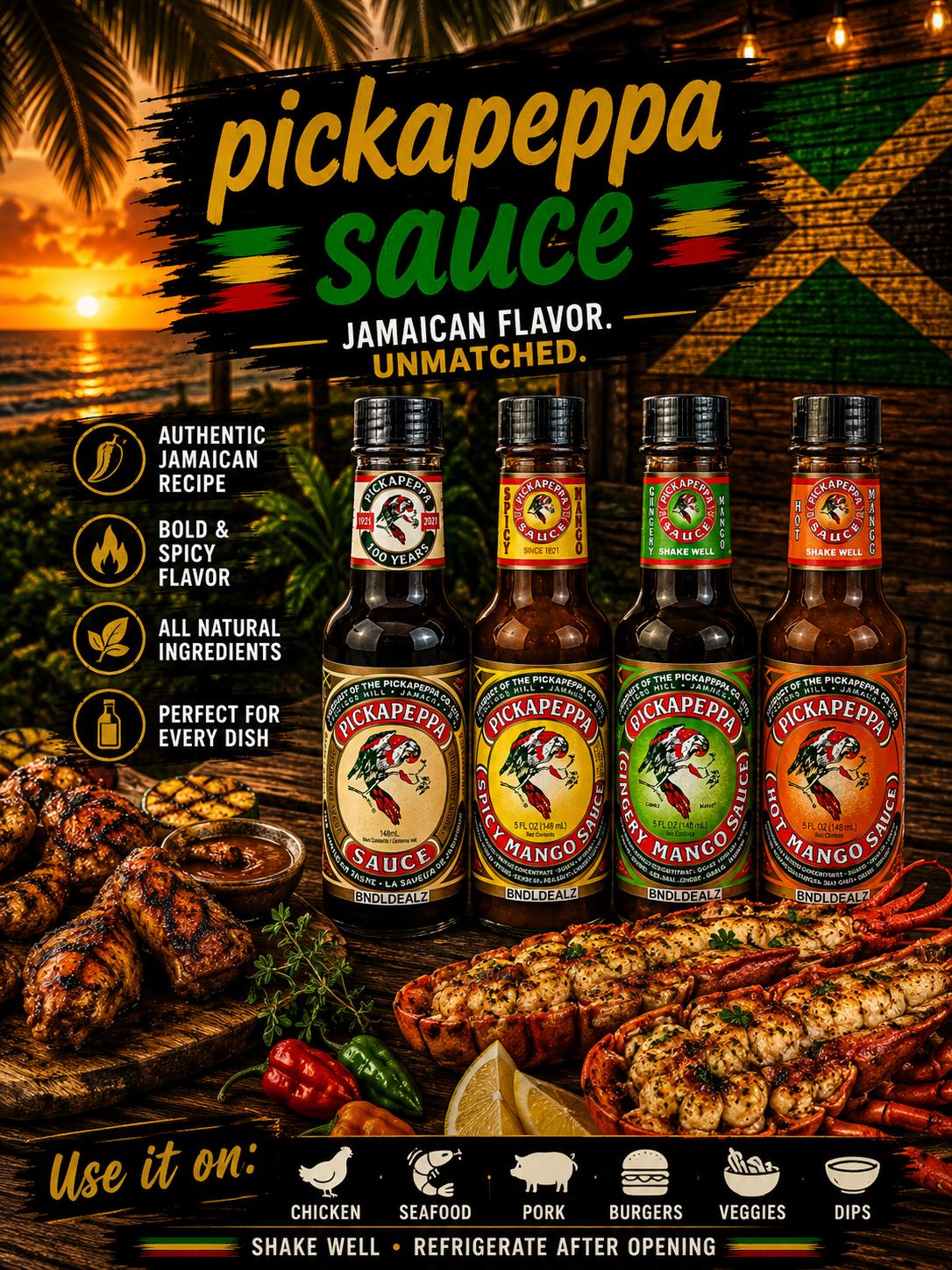 Pickapeppa Sauce Variety Pack with authentic Jamaican flavors served alongside grilled lobster, chicken and Caribbean cuisine. Ideal for grilling, marinades and dipping.