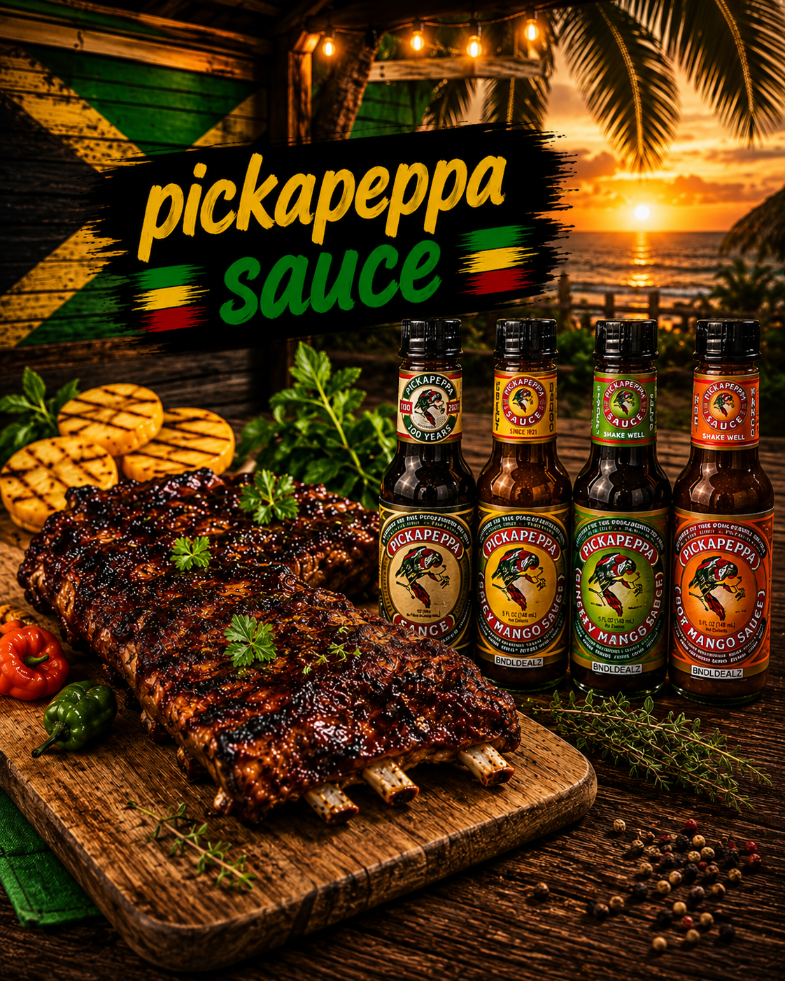 Pickapeppa Sauce Variety Pack paired with grilled BBQ ribs. Authentic Jamaican gourmet condiment for pork, chicken, burgers, seafood, marinades and dipping sauces.
